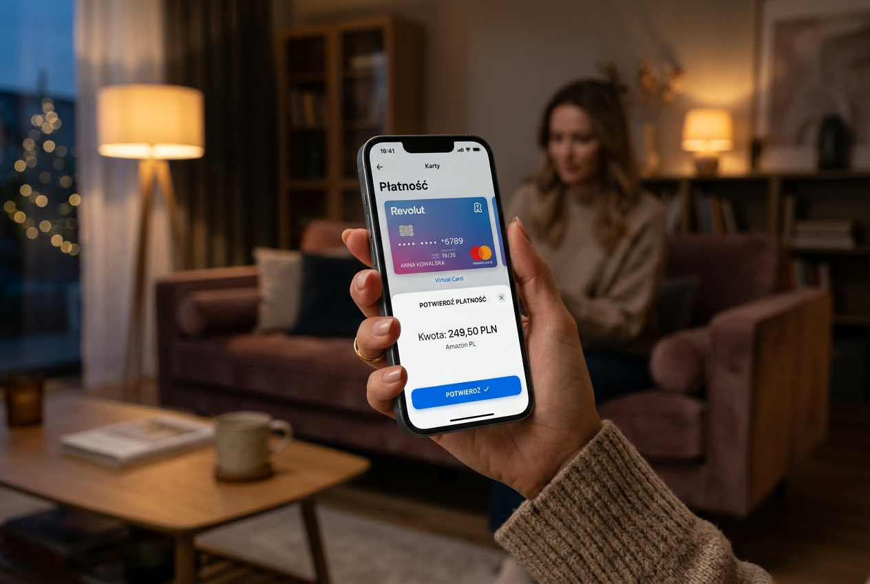 Smartphone displaying a Revolut virtual card and security confirmation.
