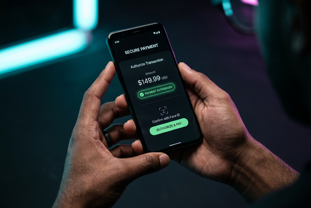 A smartphone screen showing a secure digital payment authorization.