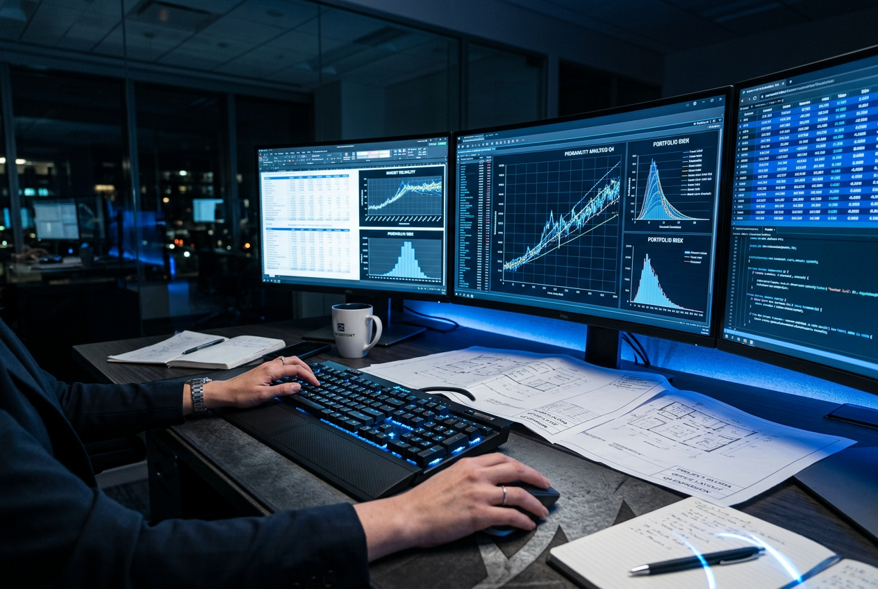 A professional analyst reviewing casino bonus data on multiple monitors.